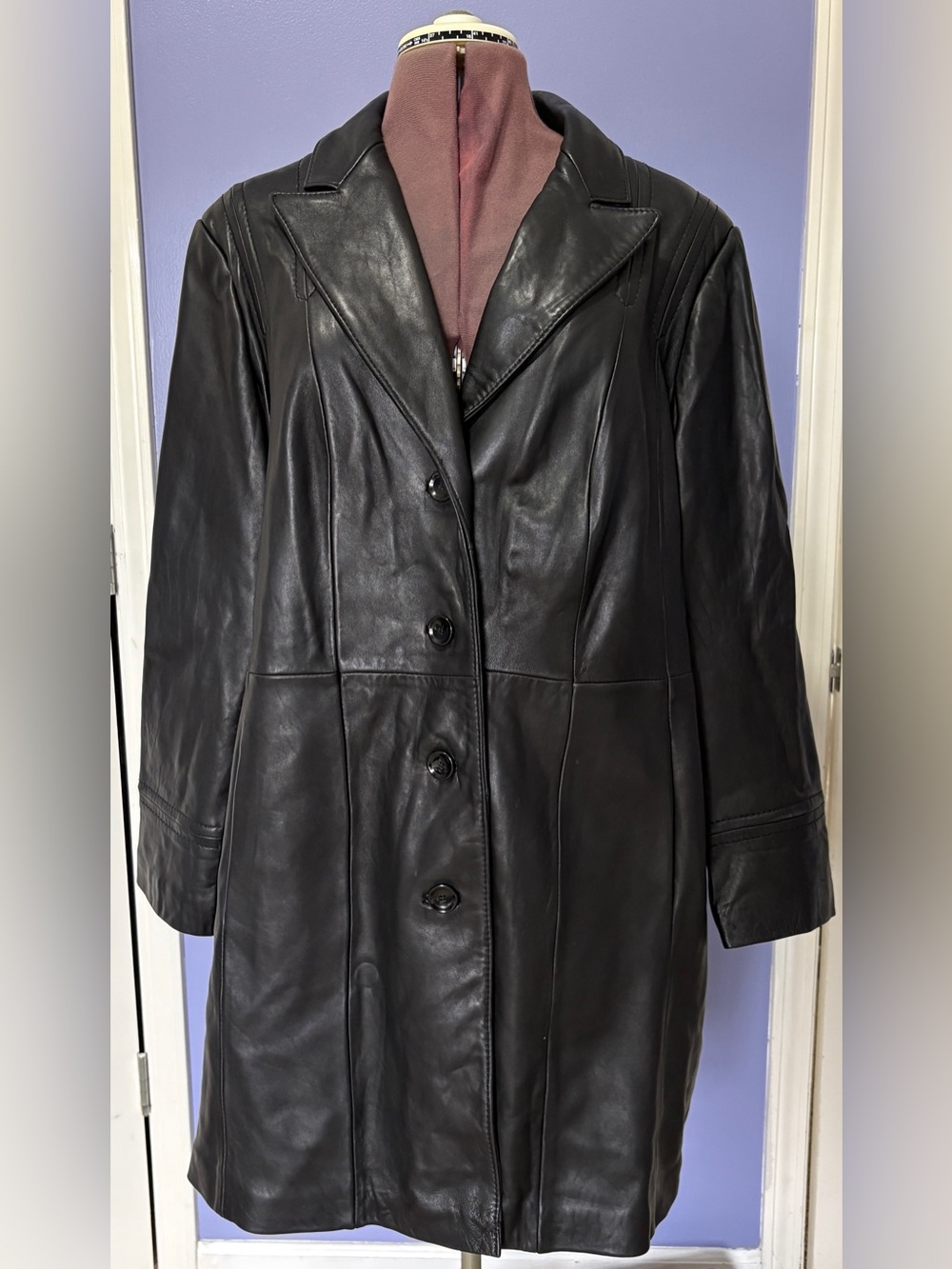 Black Genuine Leather Button Front Mid-Length Jacket Size 3X